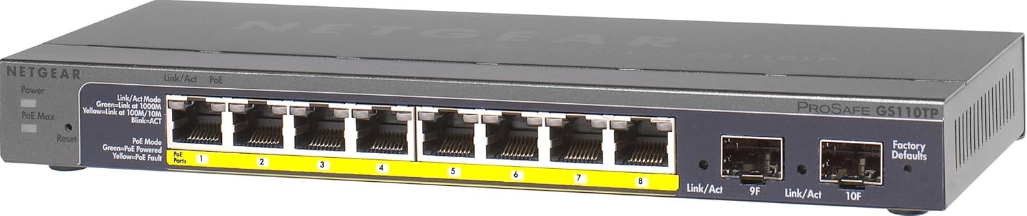 Netgear ProSafe GS110TP 10/100/1000 8 Port PoE 46W switch with 2 SFP uplink ports Netgear ProSafe GS110TP 10/100/1000 8 Port PoE 46W switch with 2 SFP uplink ports